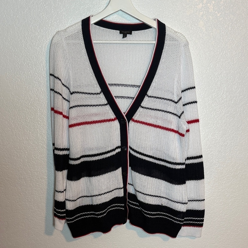 Talbots Red White Blue Stripe Cardigan Light Weight Open Weave Knit Size 1X